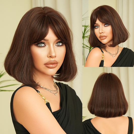 Layered Brown Short Straight Hair Bangs Wig Long Curls