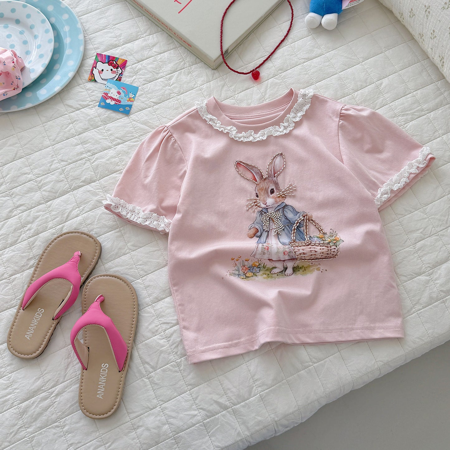 Summer Ice Cotton Knitted Lace Collar Cartoon Printed Puff Children's T-shirt