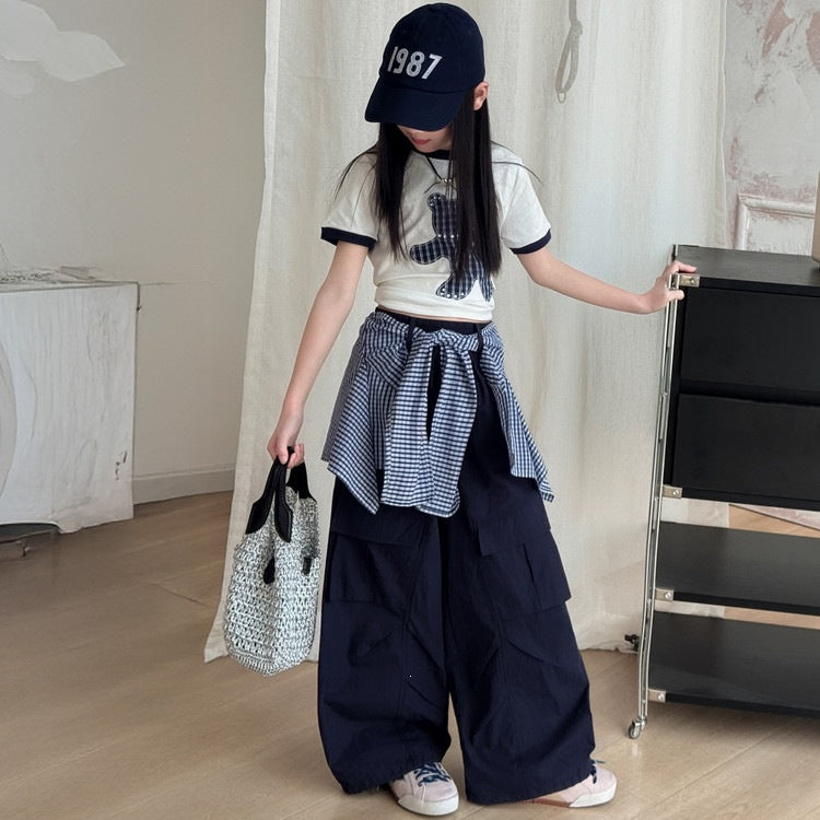 Children's Summer Plaid Bear T-shirt Fart Curtain Overalls Two-piece Children's Pants