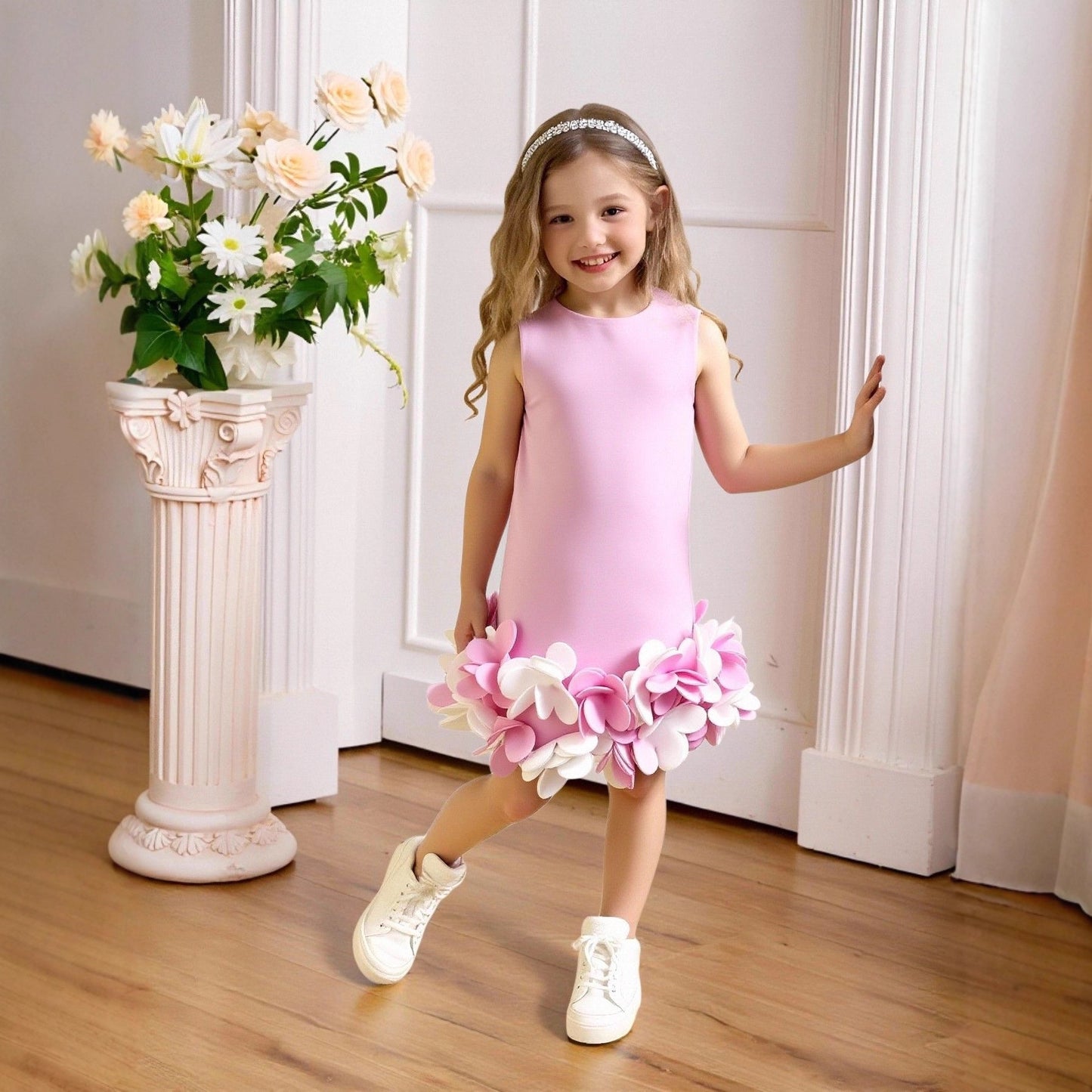 Solid Color Princess Summer Three-dimensional Flower Costume For Children's Dress