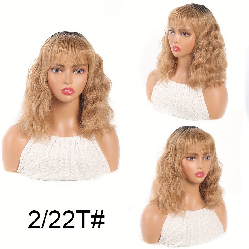 Women's Wavy White Bob Bangs Soft Synthetic Wig Short Curly Hair