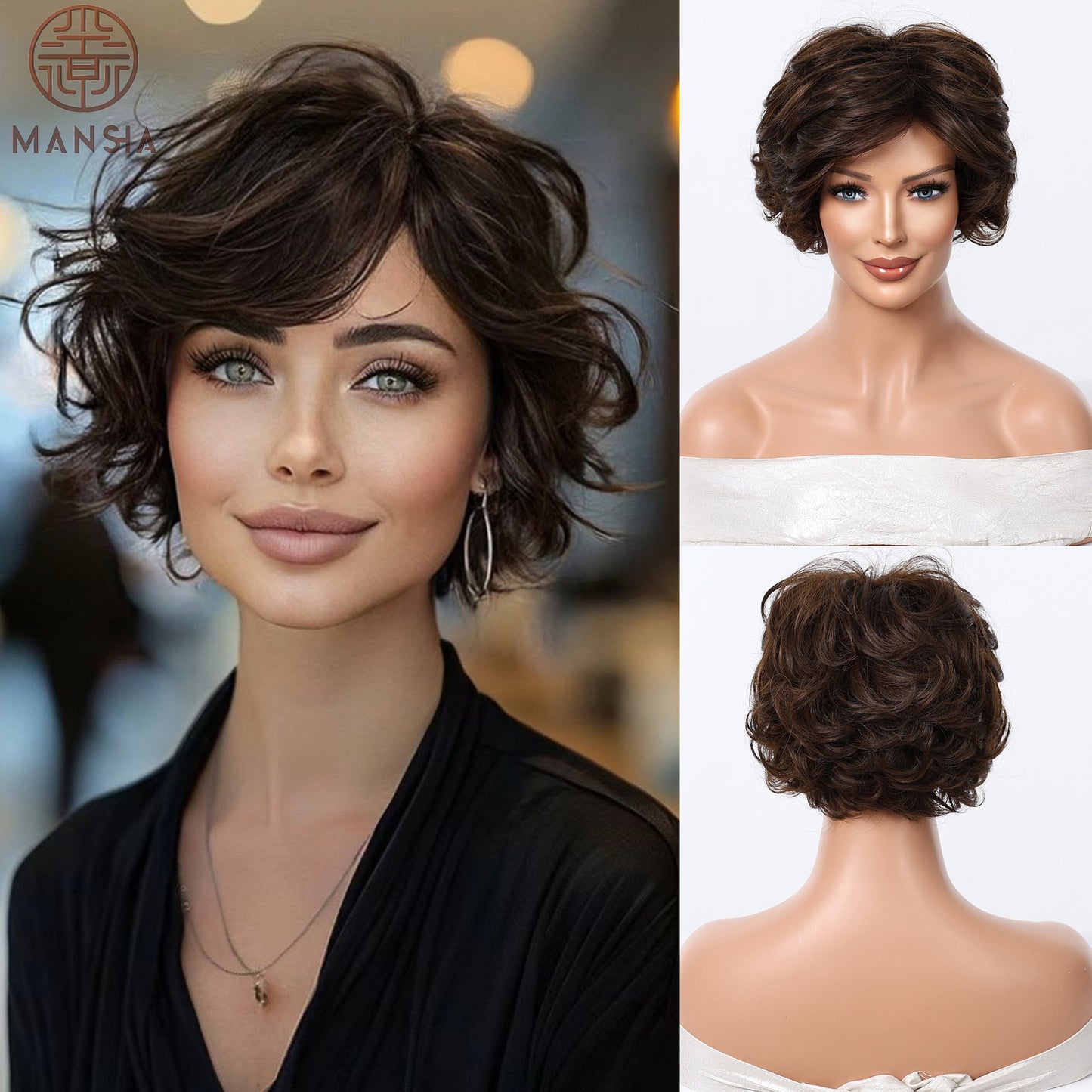 Black Highlight Female Retro Fluffy Small Roll Wig Short Curly Hair