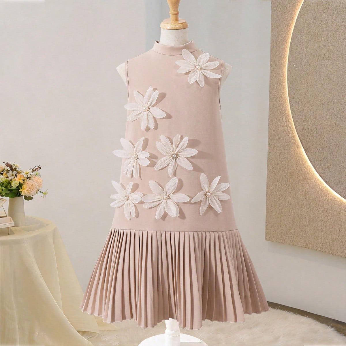 Children's Korean Style Clothing Sleeveless Flower Pleated Skirt Big Children's Dress