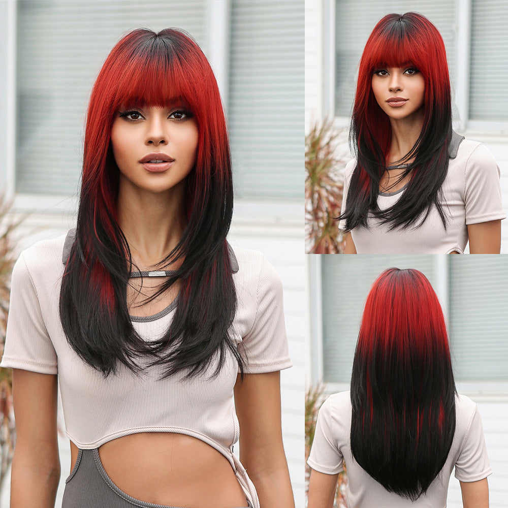 Punk Pink Gradient Dark Brown Fringe Straight Wig Long Curls