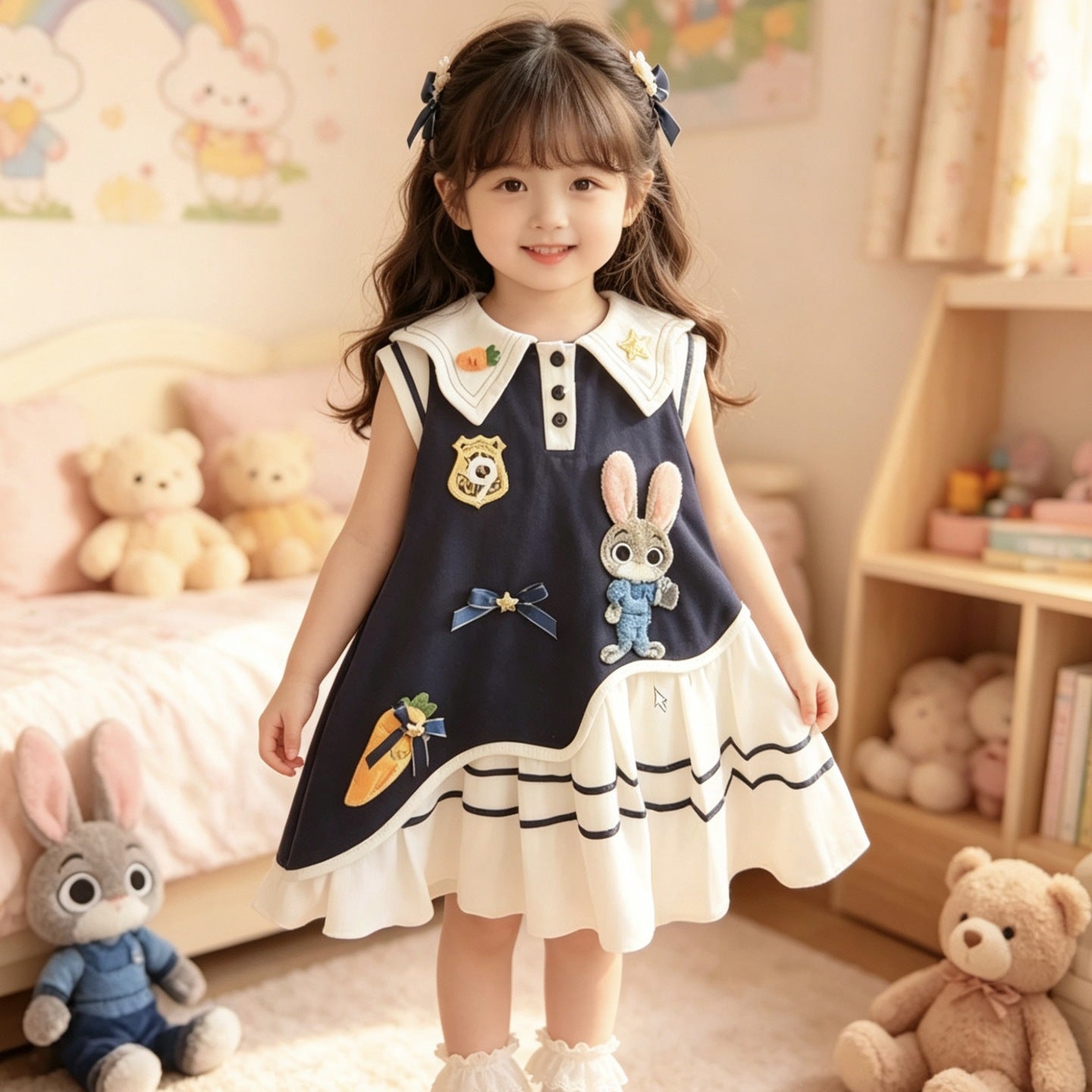 Children's Summer Preppy Style Rabbit Police Officer Lapel Western Children's Dress