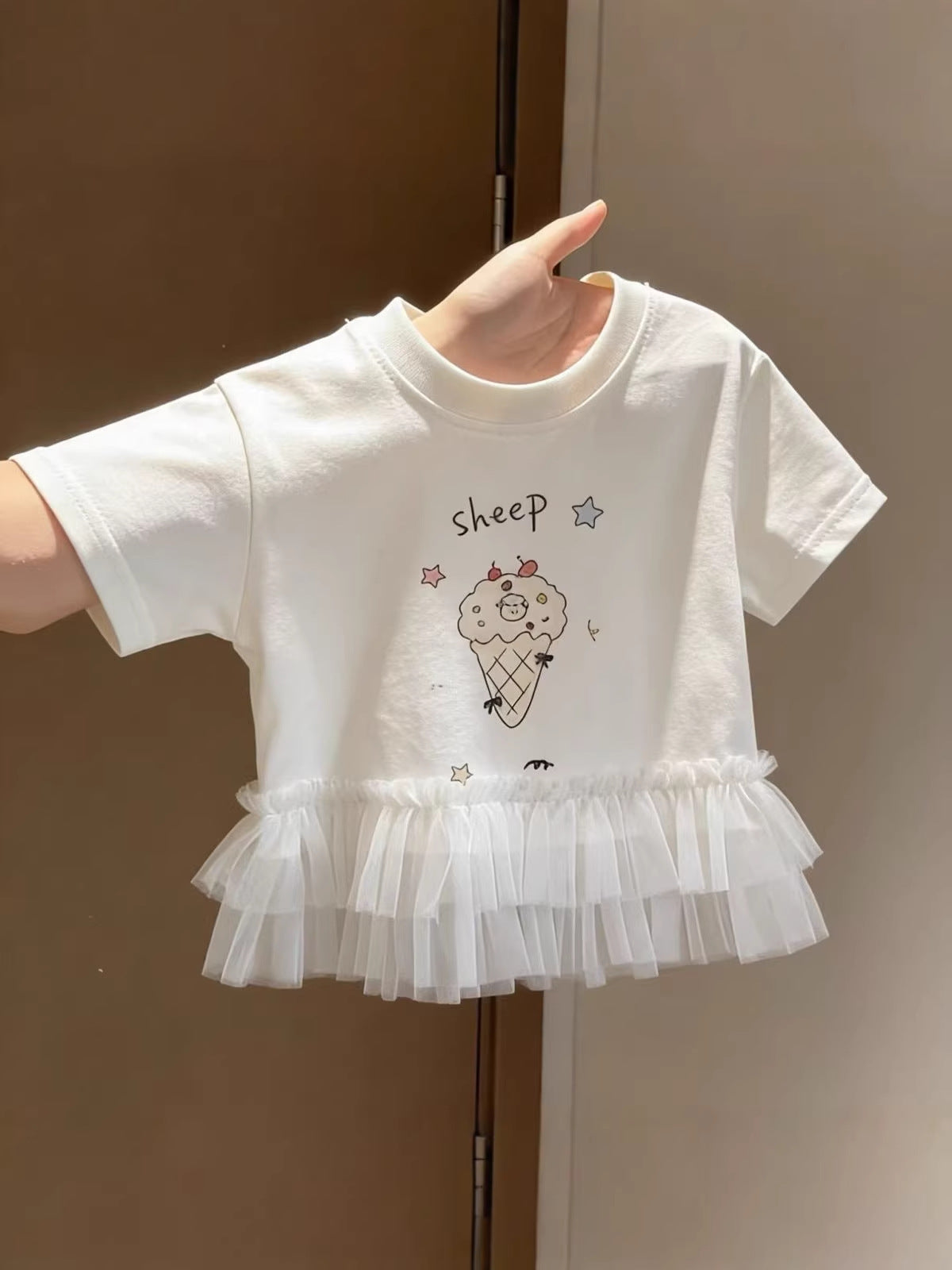 Children's Summer Cute Ice Cream Pattern Lace Edge Children's T-shirt
