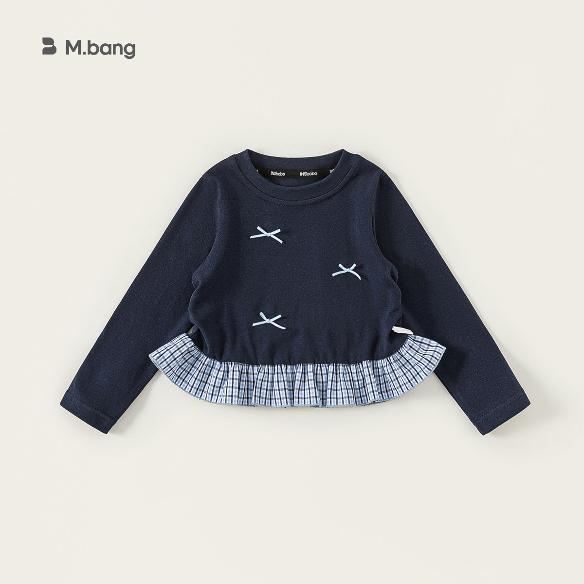 Children's Round Neck Korean Top Plaid Patchwork Clothes Bow Children's T-shirt