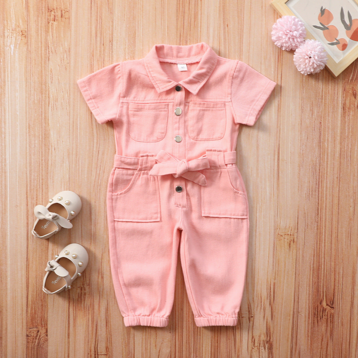 Children's Clothing Summer Young Little Lapel Pink Denim Jumpsuit Children's Pants