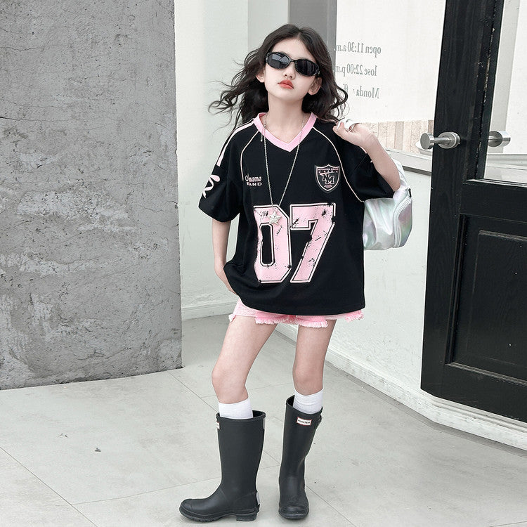 Children's Sweet Hot Summer Letter Short Sleeve Medium Big American Children's T-shirt