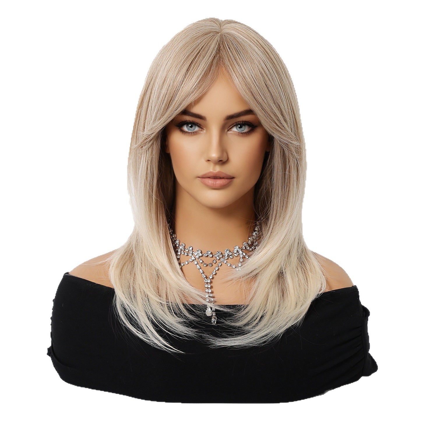 Women's Headgear Mid-length Light Gold Bangs Party Wig Short Straight Hair