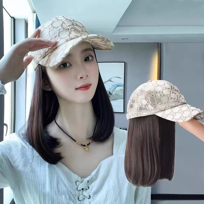 Fashion Summer Hollow Baseball Cap Collarbone Length Haircut Peaked Wig Short Straight Hair