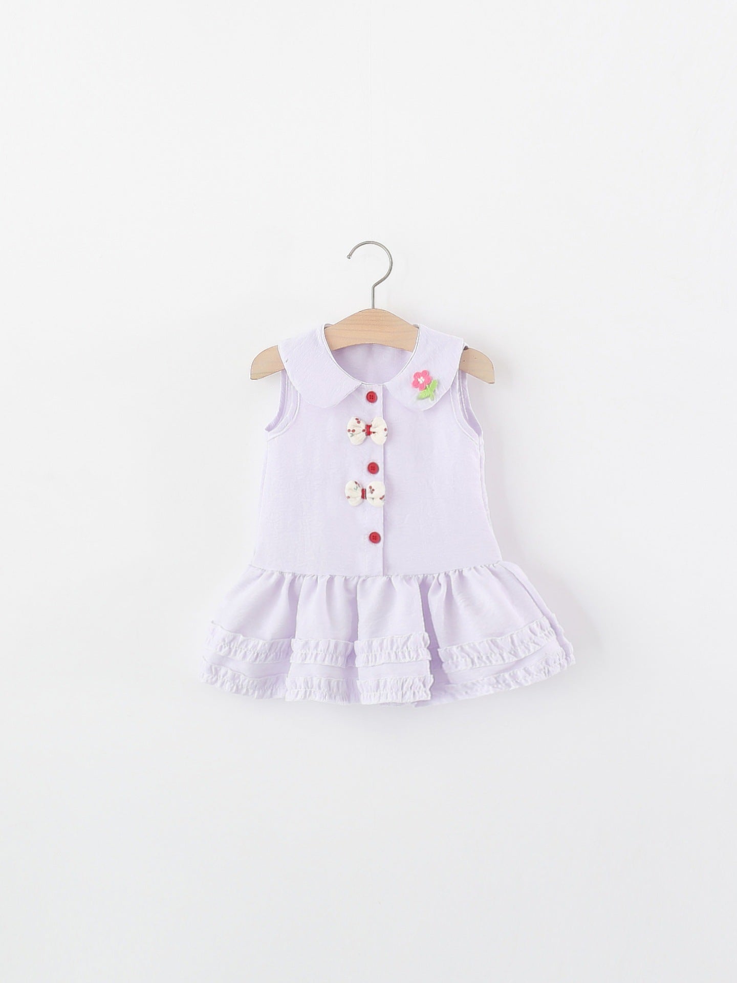Children's Summer Solid Color Peter Pan Collar Flower Bow Tie Cotton Children's Dress