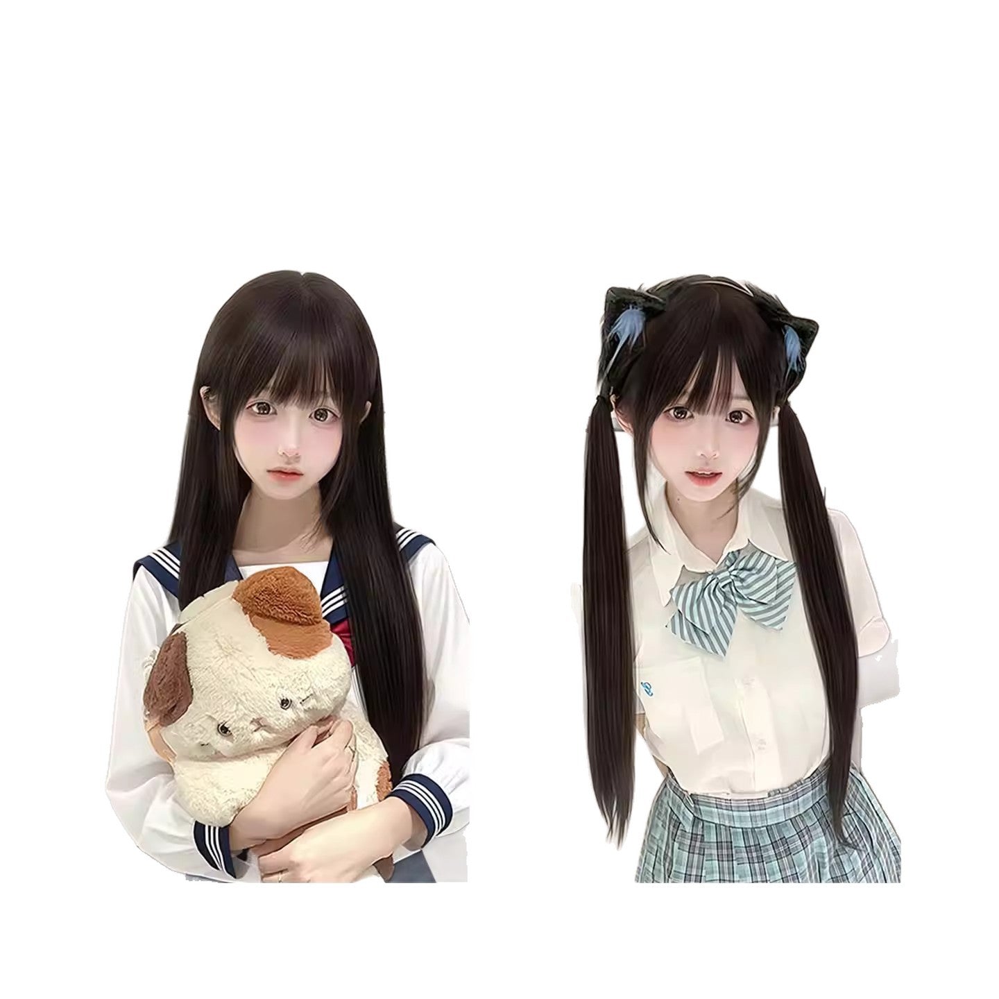 Cute Female Daily Natural Bangs Black Royal Sweet Long Straight Wig