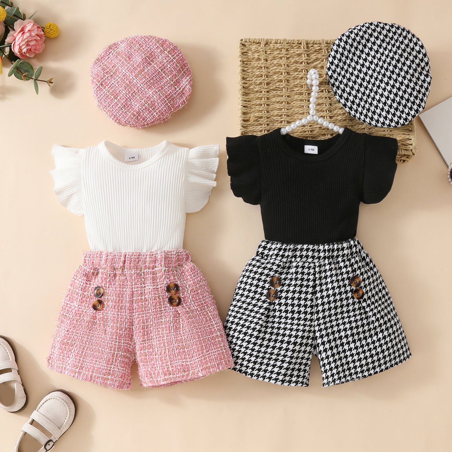Flounced Sleeve Solid Color Top Plaid Children's Suit