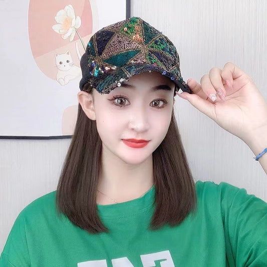 Summer Hat Integrated Fashion Baseball Cap Wig Short Straight Hair