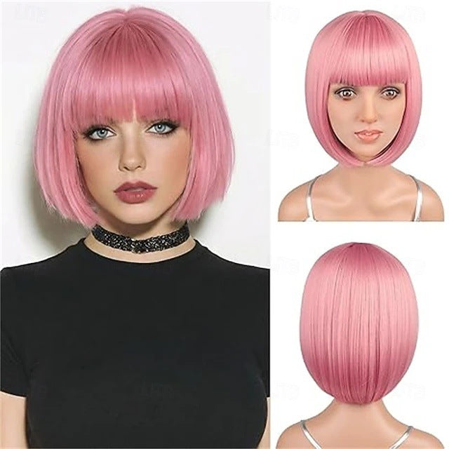Set With Bangs Synthetic Fiber Heat-resistant Wig Short Straight Hair