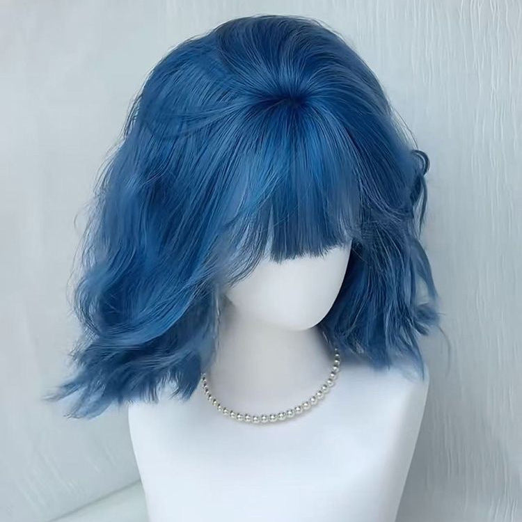 Sea Blue Bangs Small Curls Daily Wig Short Curly Hair