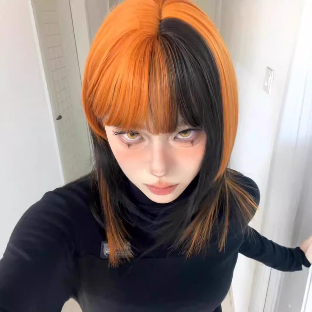 Female Black Dirty Orange Highlight Collarbone Long Straight Wig