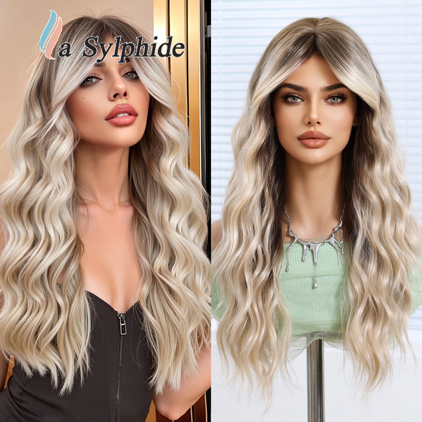 Female Word Bangs Full Top Simulation Human Hair Silk Water Wig Long Curls