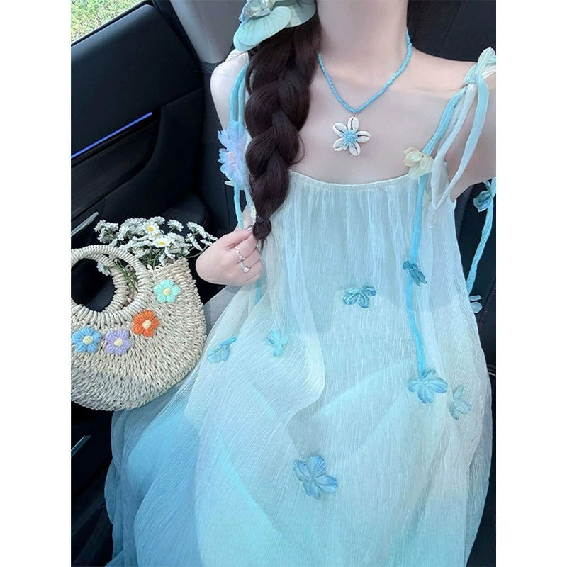 Women's Mint Mambo Style Gradient Blue Strap For Summer Gentle Seaside Children's Dress
