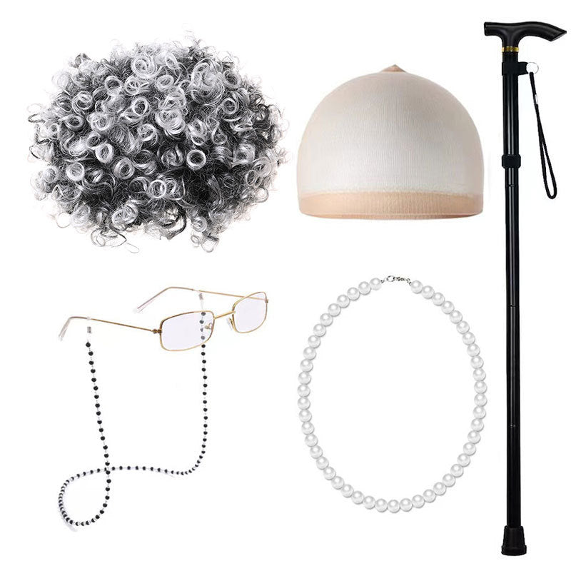 Old Grandma Grandpa Halloween Lady Set Cos Wig