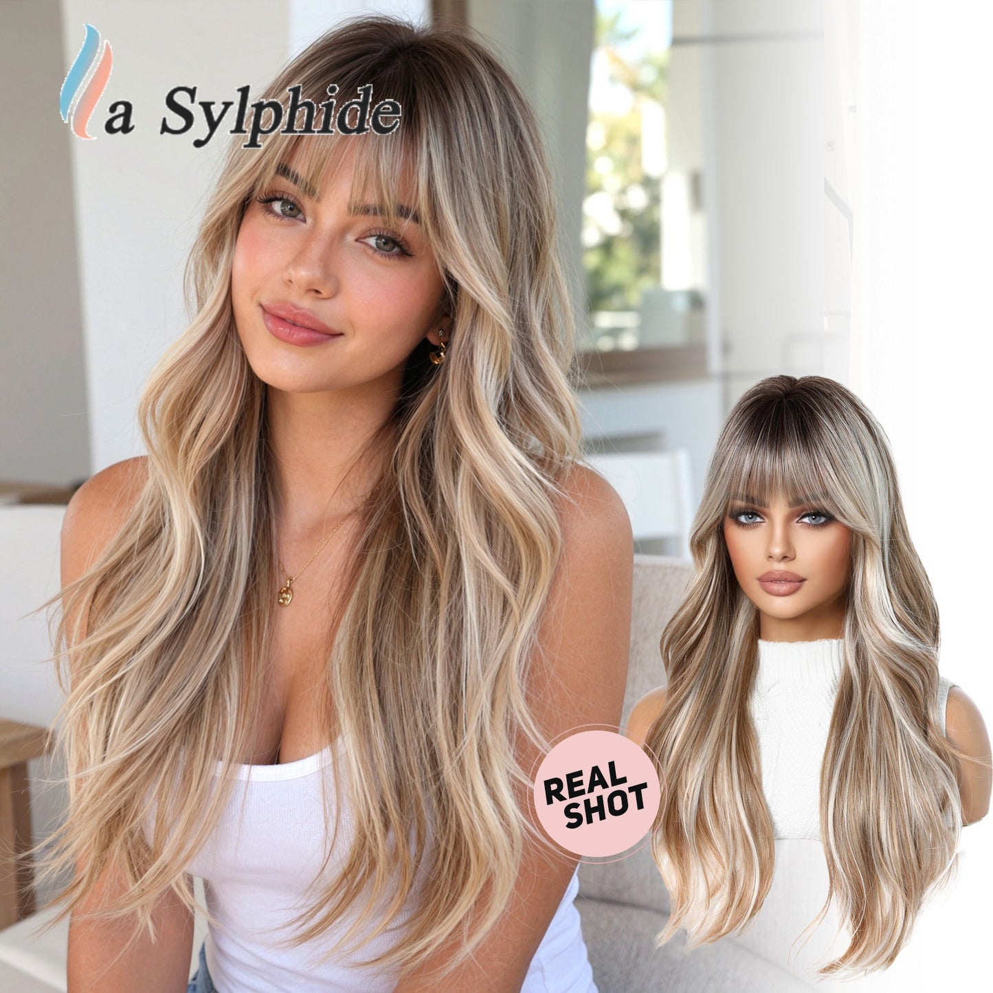 Bangs Super Water Ripple Milk Tea Brown Wig Long Curls