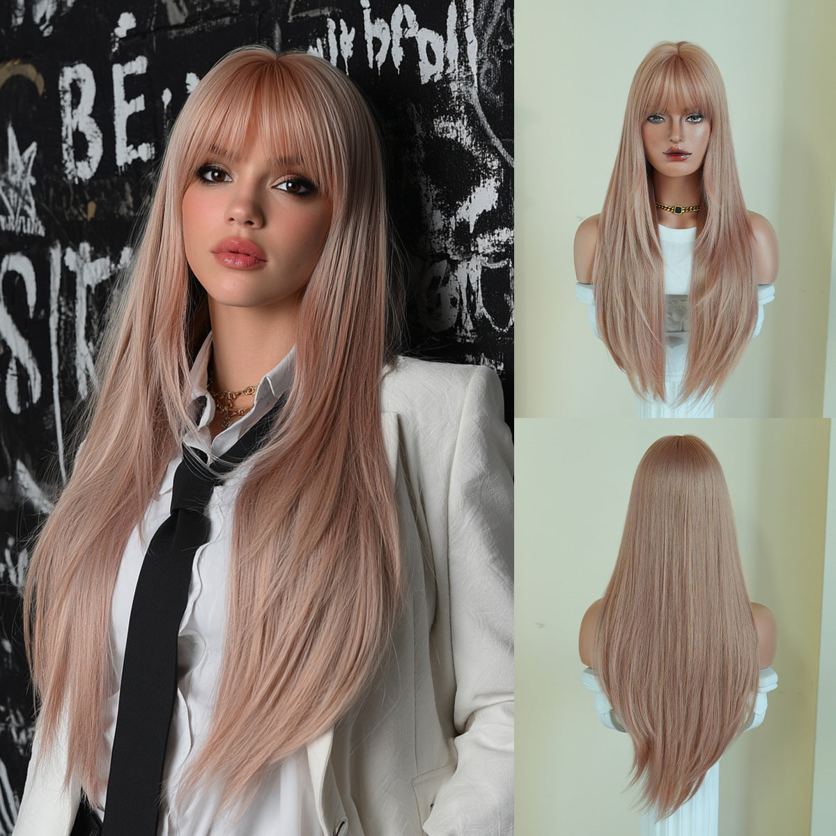 Black Full Top Bangs High Quality Chemical Long Straight Wig