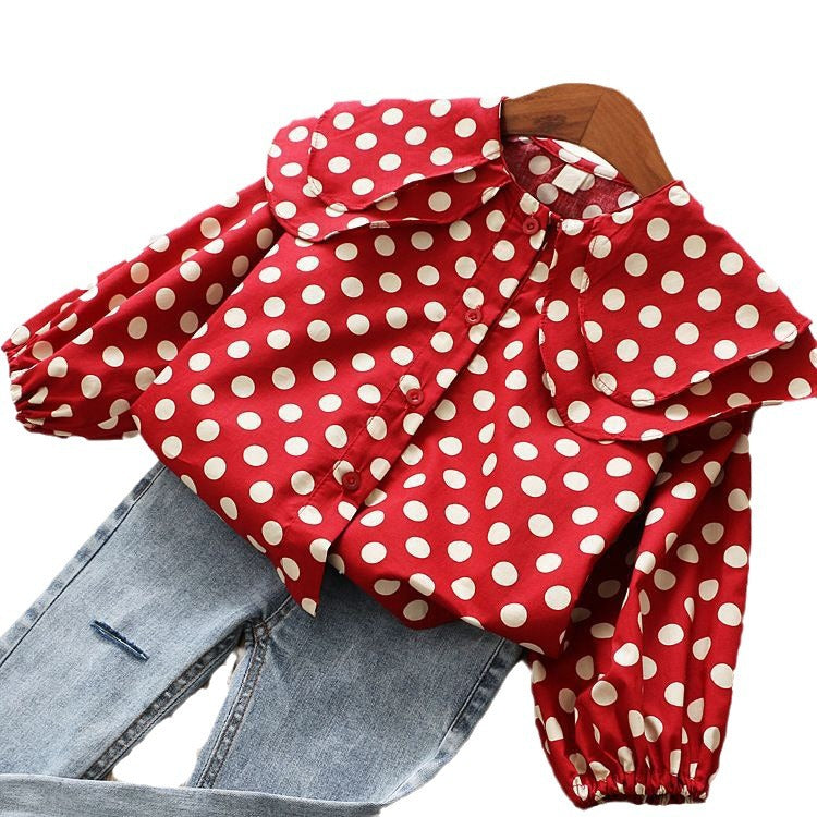 Children's Korean Style Fashionable Polka Dot Large Lapel Long Sleeve Doll Children's Shirt