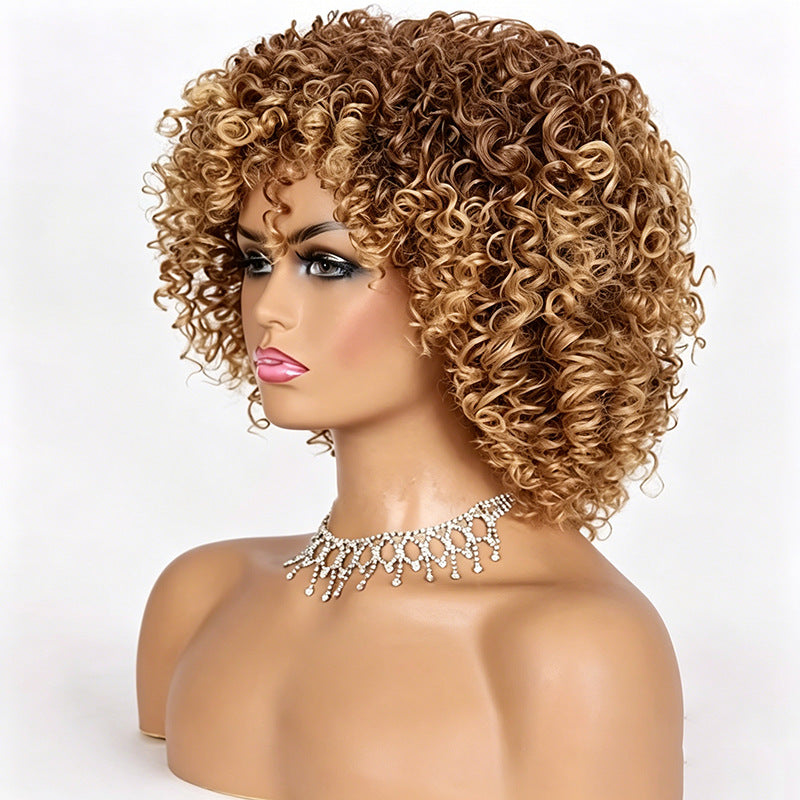 African Small Fluffy Fiber Corn Bronzing Wig Short Curly Hair