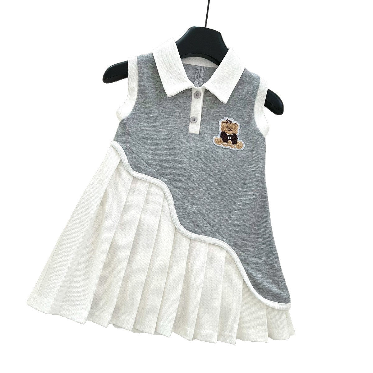 Fashionable Trendy Preppy Style Cartoon Bear Collar Stitching Children's Dress