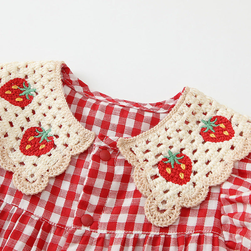 Summer Thin Short Sleeve Rompers Front Open Strawberry Plaid Jumpsuit Jumpsuit, Climbing Suit
