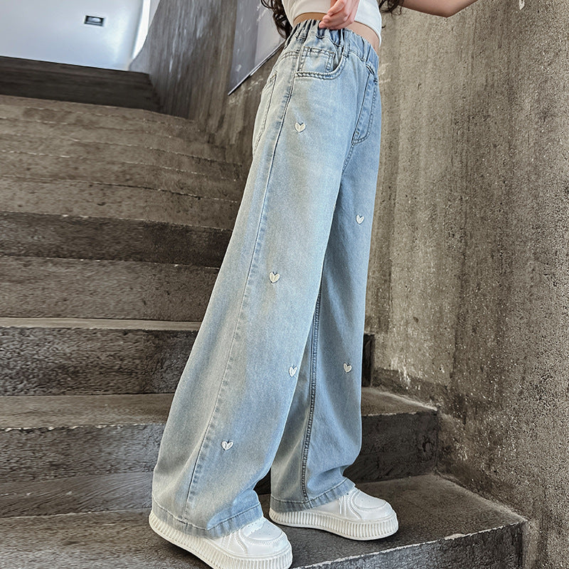 Autumn Western Style Little Love Embroidered Jeans Children's Pants