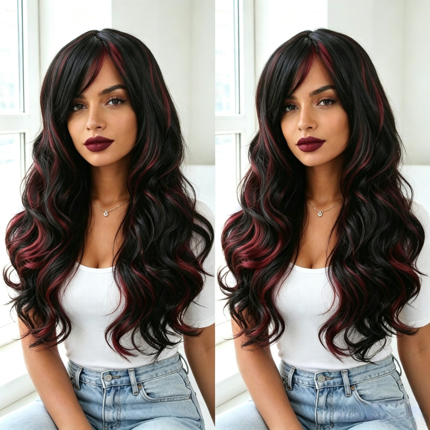 Highlight Mixed Color Bangs Big Wave Wig Long Curls