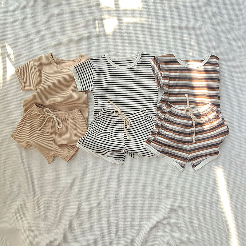 Children's Toddler Striped Cotton Short Sleeve Top Pants Comfortable Cute Trendy Children's Suit
