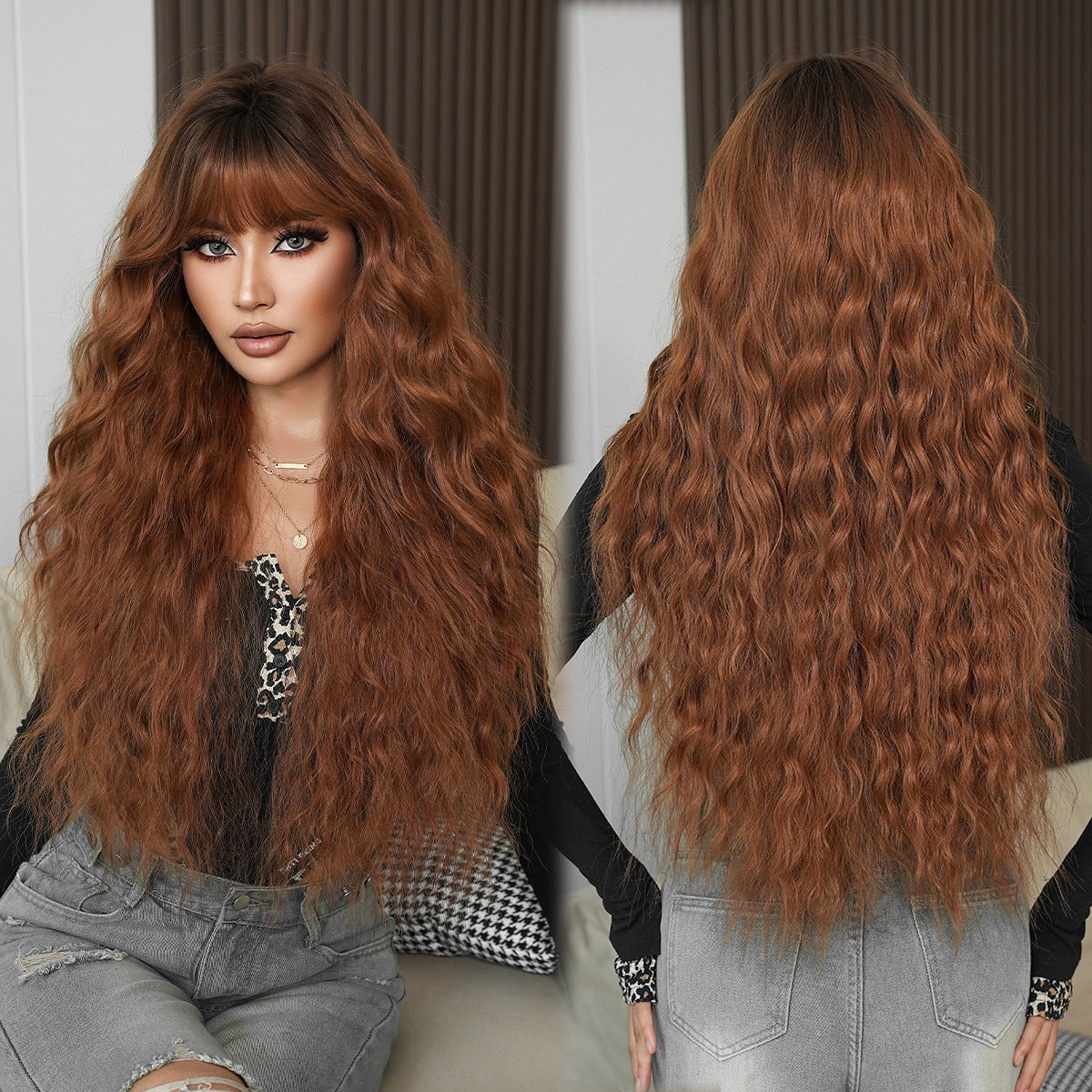 Women's Caramel Red Brown Hair Water Ripple Curly Fashion Wig Long Curls