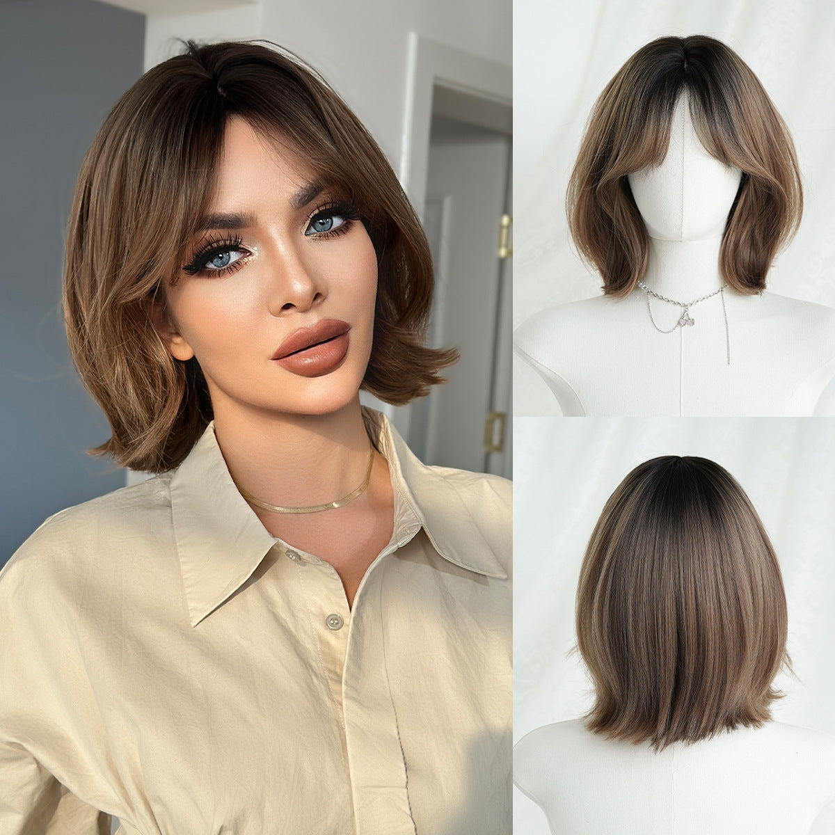 Female Brown Level Within The Age Reduction Air Bangs Wig Short Curly Hair