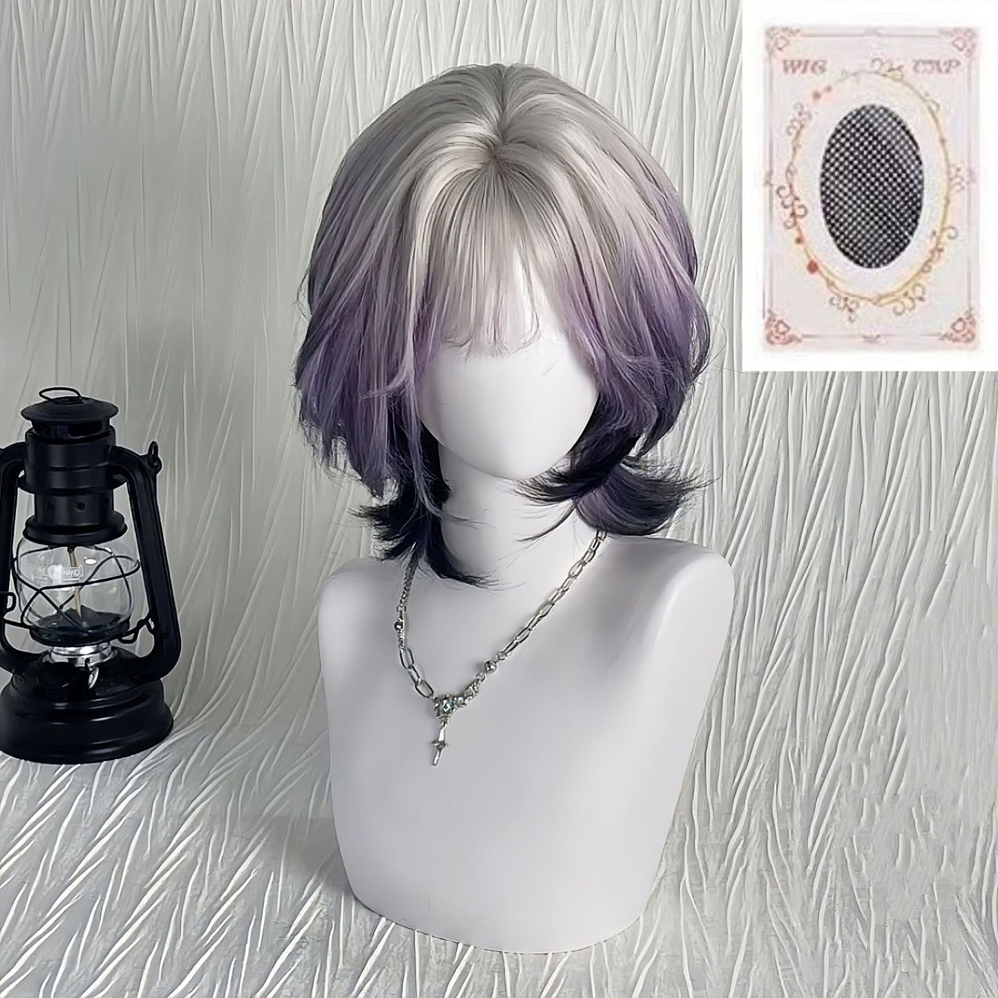 Purple Mist Roaming Female Layer White Gradient Wig Short Curly Hair