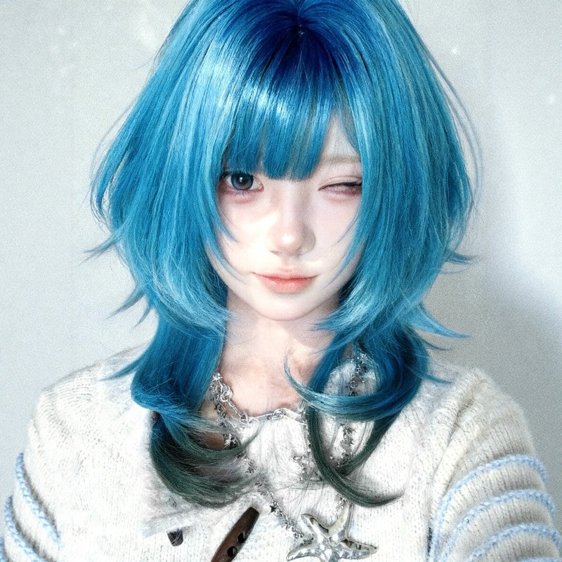 Blue Gradient Wolf Tail Jellyfish Head High-level Short Hair Straight Wig Long Curls
