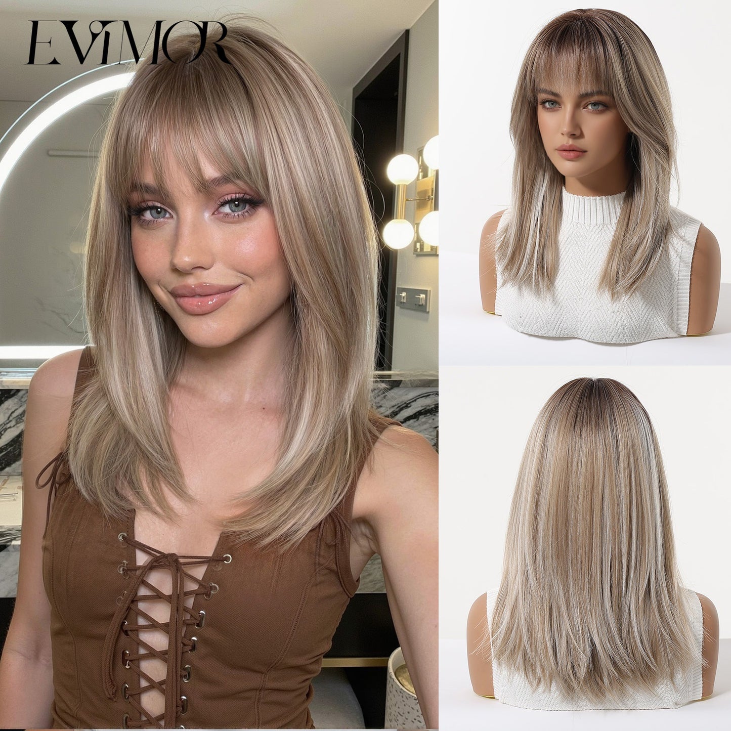 Gradient Brown Collarbone Length Haircut Natural Long Straight Wig