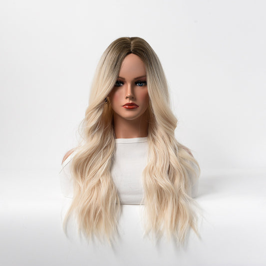 Women's Wavy Curly Hair Head Cover Golden Wig Long Curls