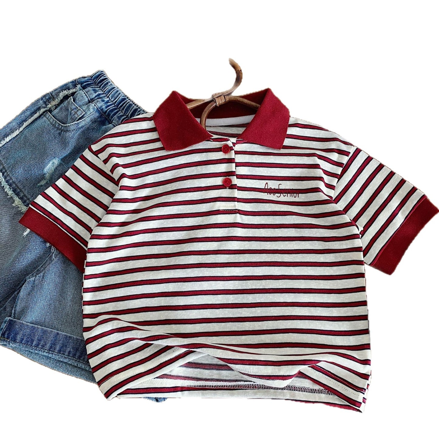 Children's Short-sleeved Summer Boys Contrast Color Striped Shirt Class Children's T-shirt