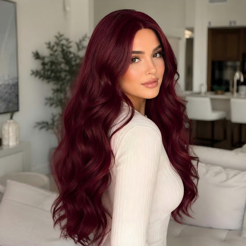 Wine Red Curly Medium Points Soft Light Big Wave Fiber Wig Long Curls