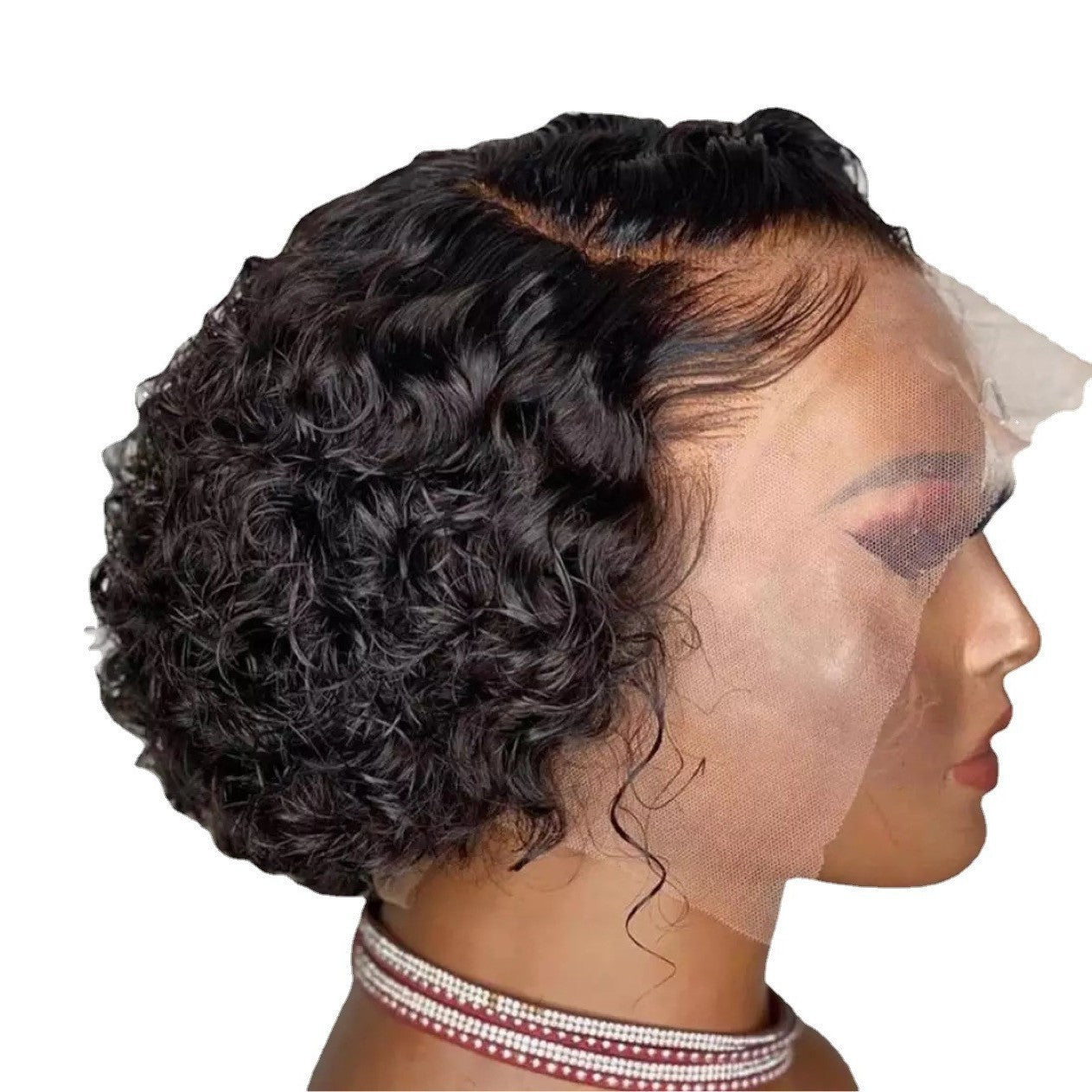 Head Cover Mid-length Black Small Female Wig Short Curly Hair