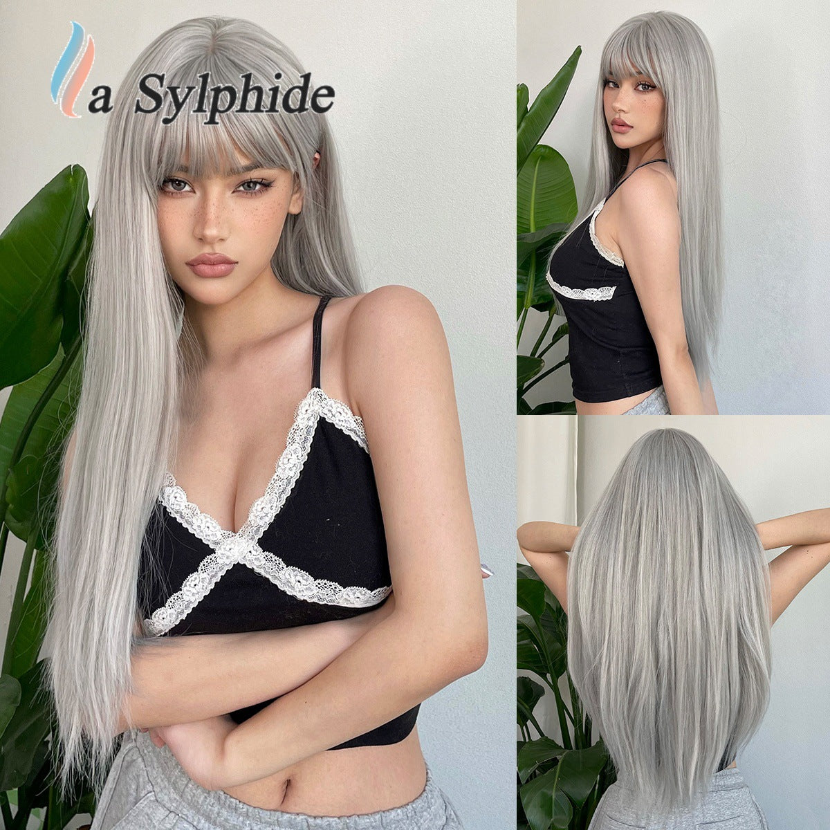 Female Air Bangs Brown Gradient Golden Long Straight Wig