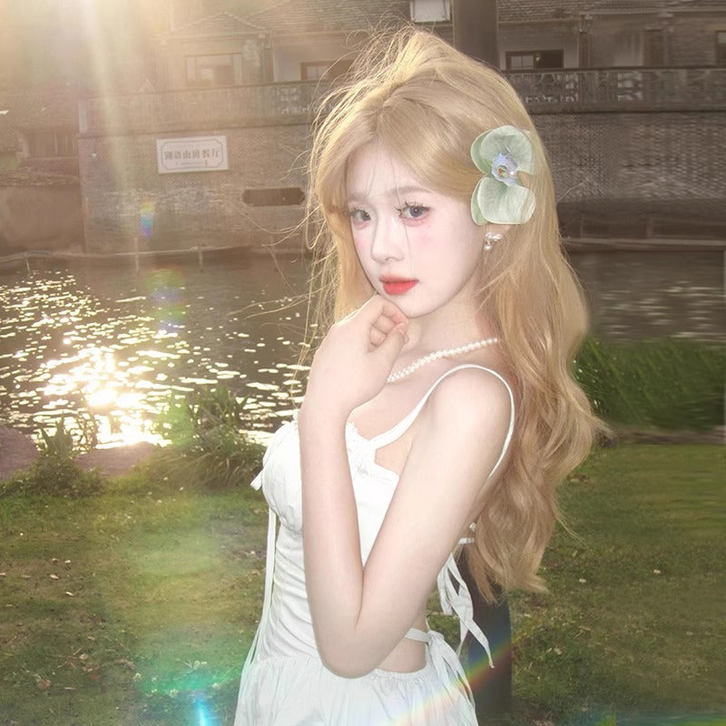 Women's Hair White Gold Color Mid-length Bangs Wig Long Curls
