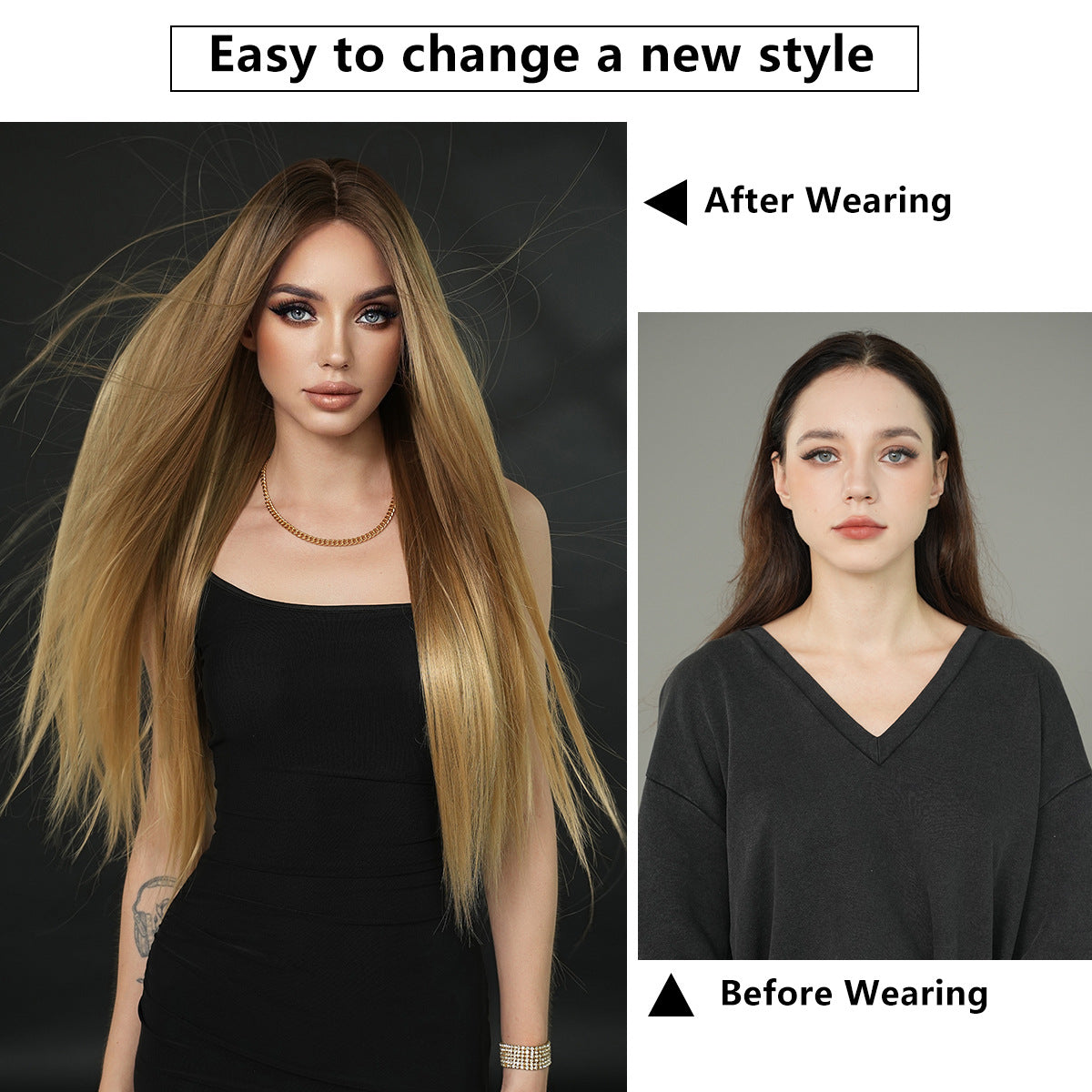 Women's Small Lace Super Hair Gradient Golden Mid-point Long Straight Wig