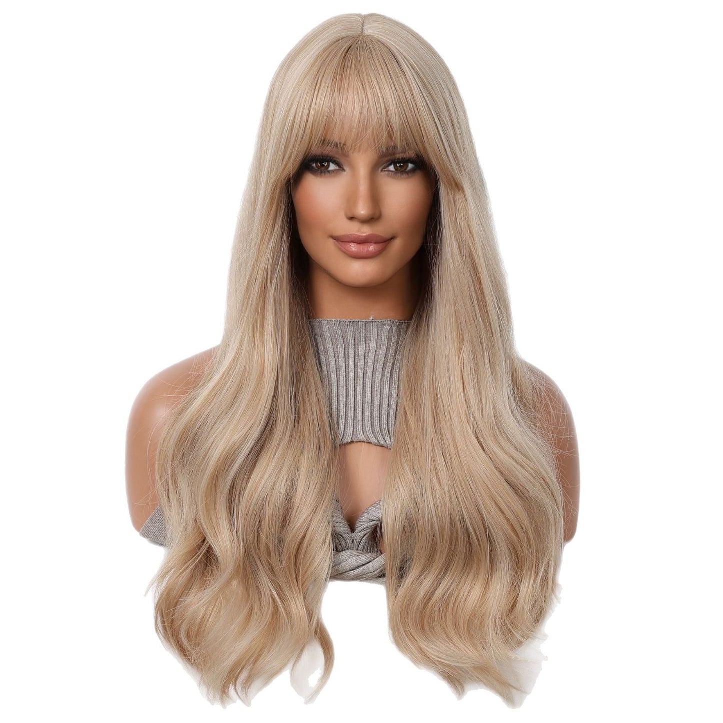 Tea Golden Wave Curly Hair Air Bangs Simulation Head Cover Wig Long Curls