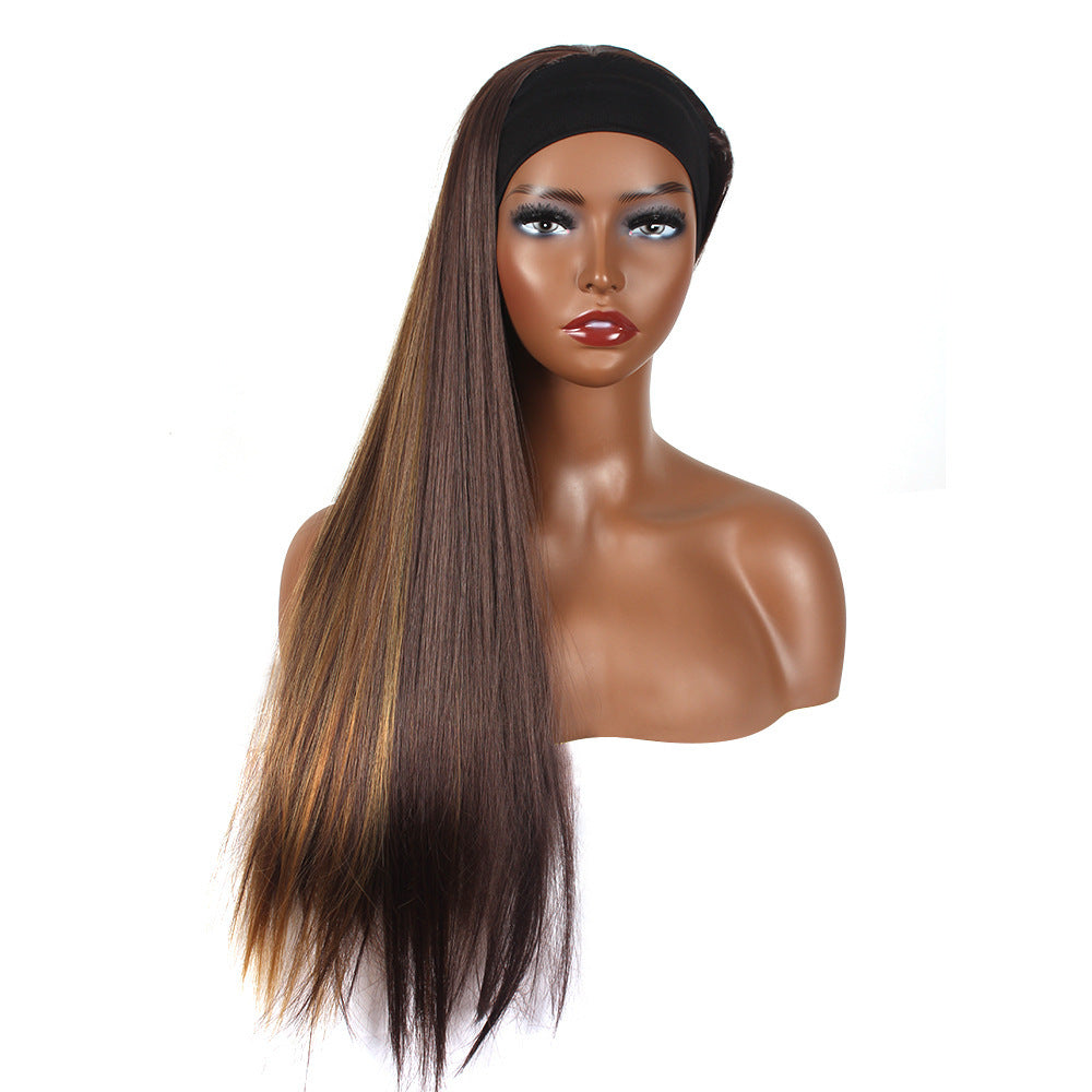 Silk Hair Band Head Cover Black Chemical Long Straight Wig