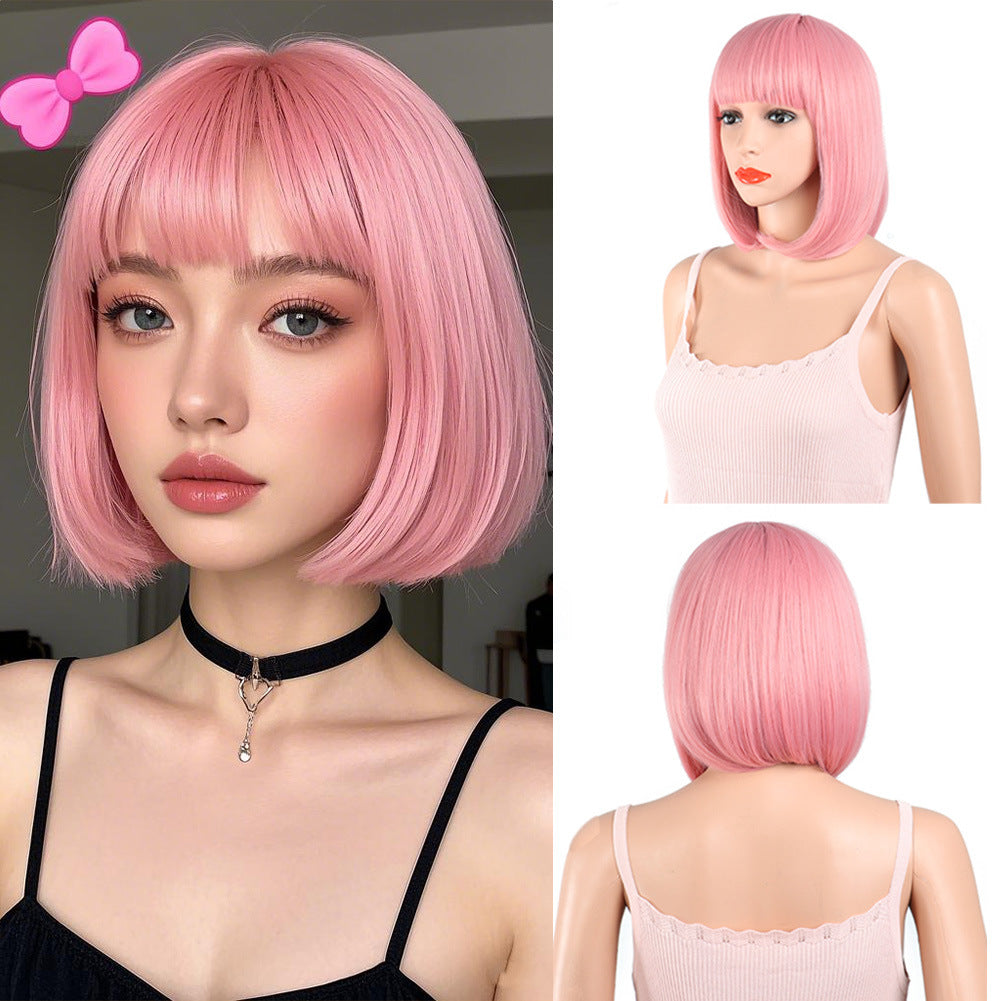 Women's Fashion Long Black Head Cover With Wig Short Straight Hair