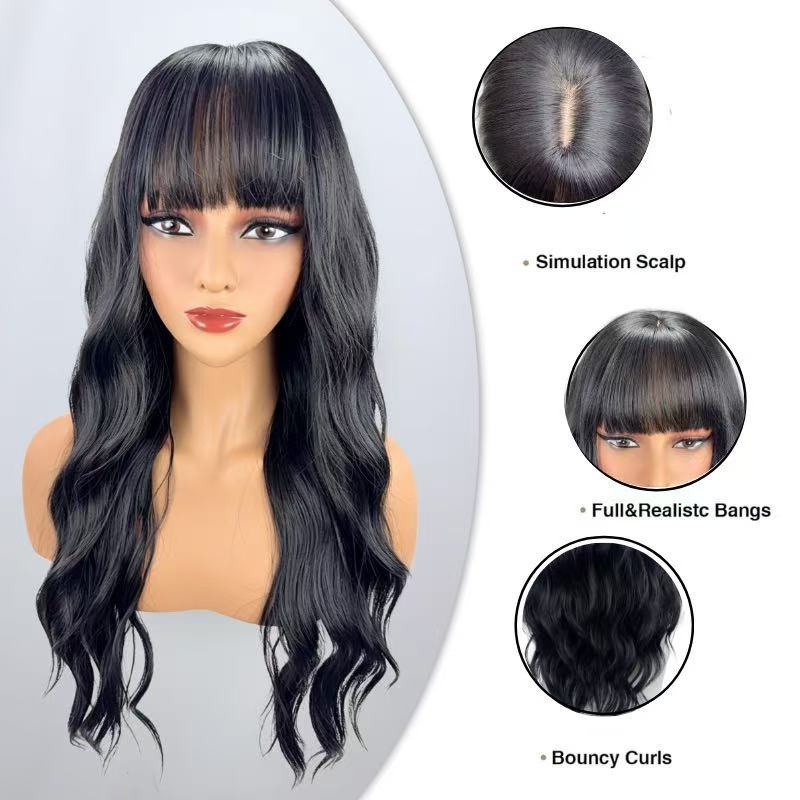 Women's Curly Hair Bangs Realistic Natural Fiber Wig Long Curls